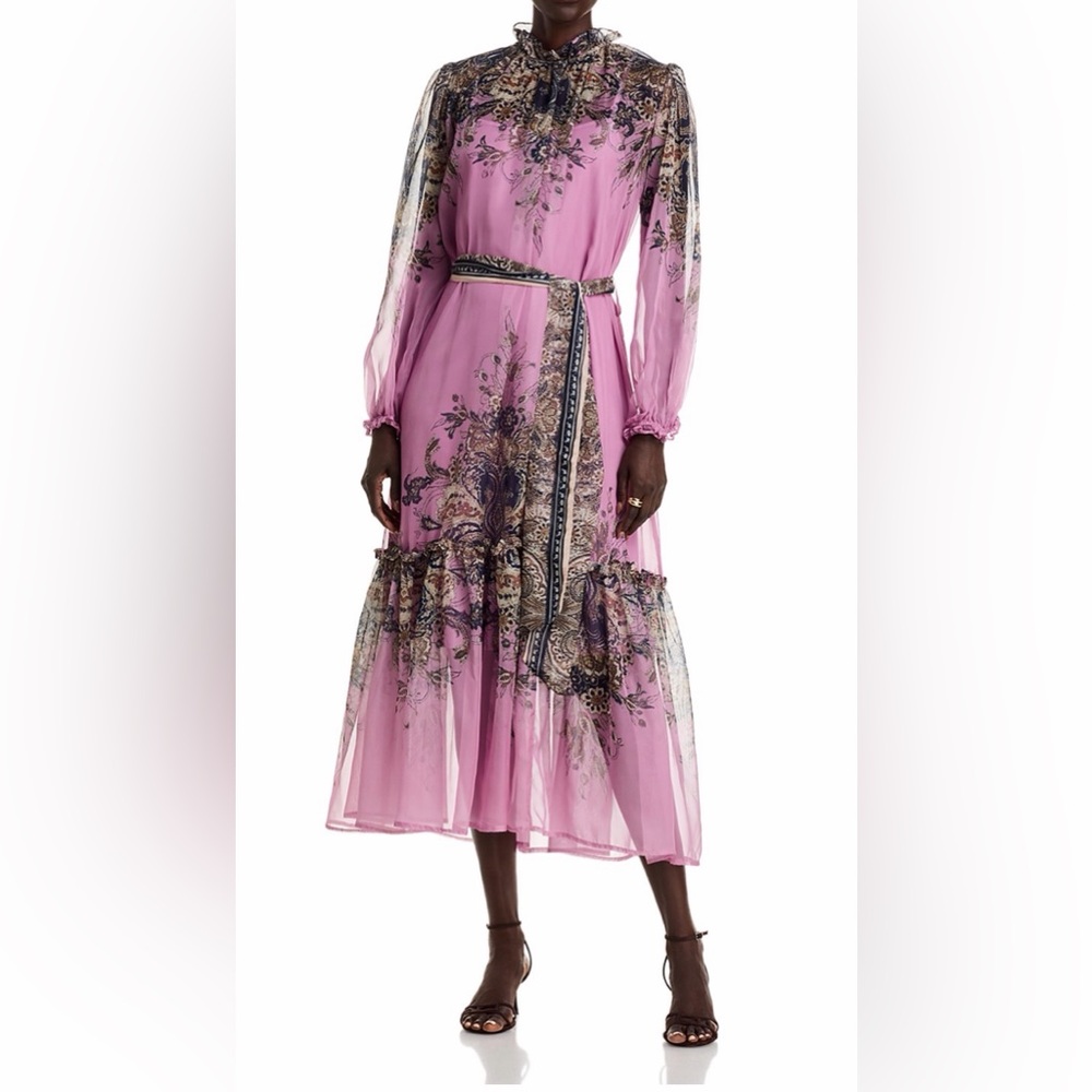 Printed Long-Sleeve Midi Dress in Pink with Waist Tie
